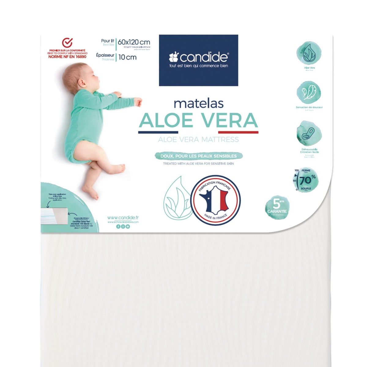 Aloe vera mattress with removable cover for bed 60x120cm