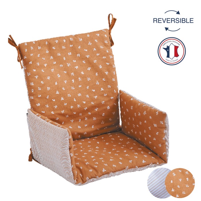 Coussin de chaise haute bébé tissu réversible camel/rayé