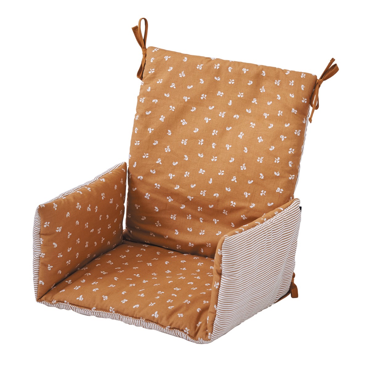 Coussin de chaise haute bébé tissu réversible camel/rayé