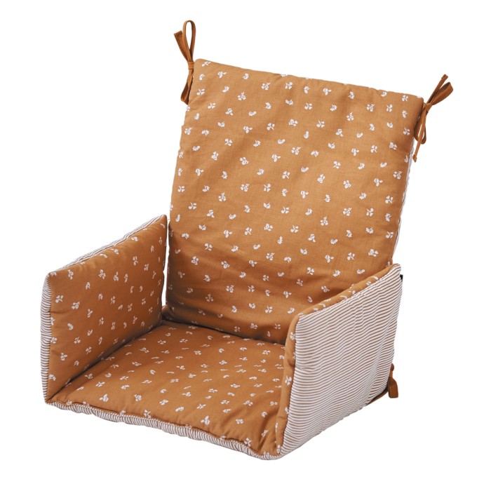 Coussin de chaise haute bébé tissu réversible camel/rayé