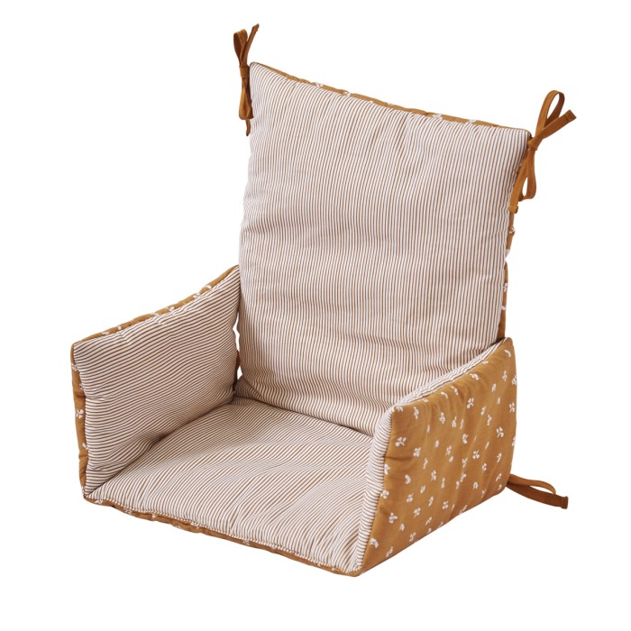 Coussin de chaise haute bébé tissu réversible camel/rayé