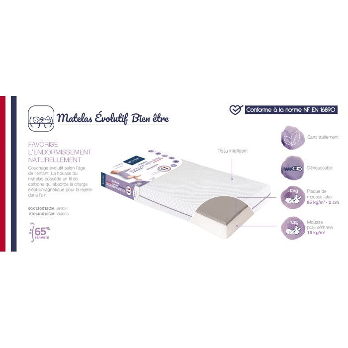 Convertible well/being mattress with removable cover for bed 70x140cm