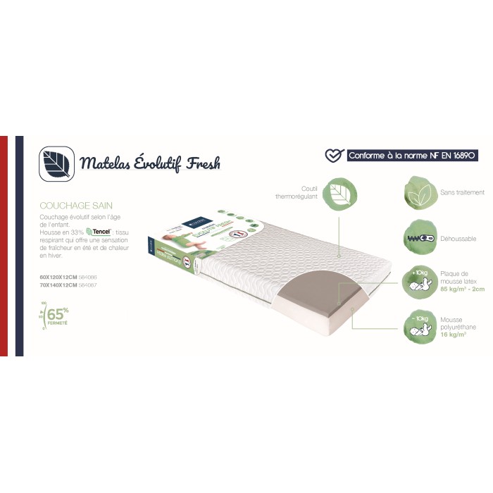 Matelas bébé 70x140cm Évolutif Fresh déhoussable