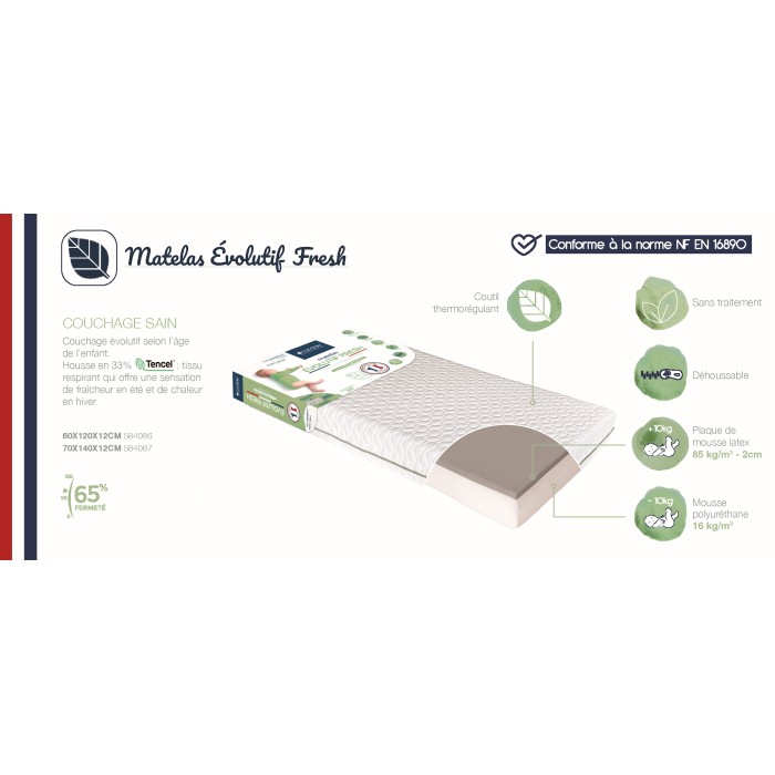 Matelas bébé Évolutif Fresh déhoussable 60x120cm