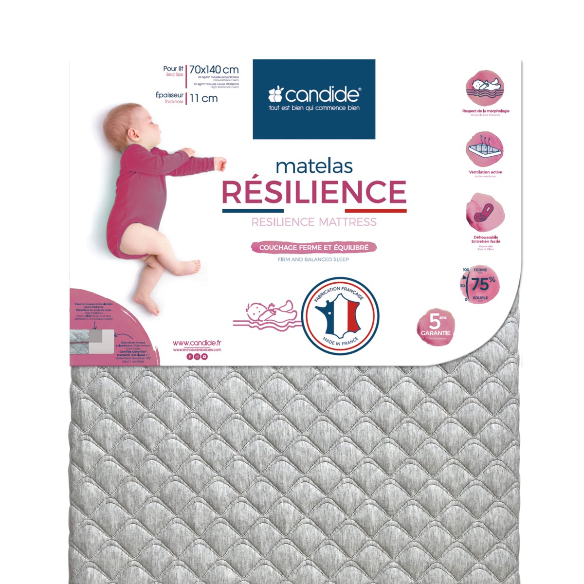 Matelas bébé résilience déhoussable 70x140cm