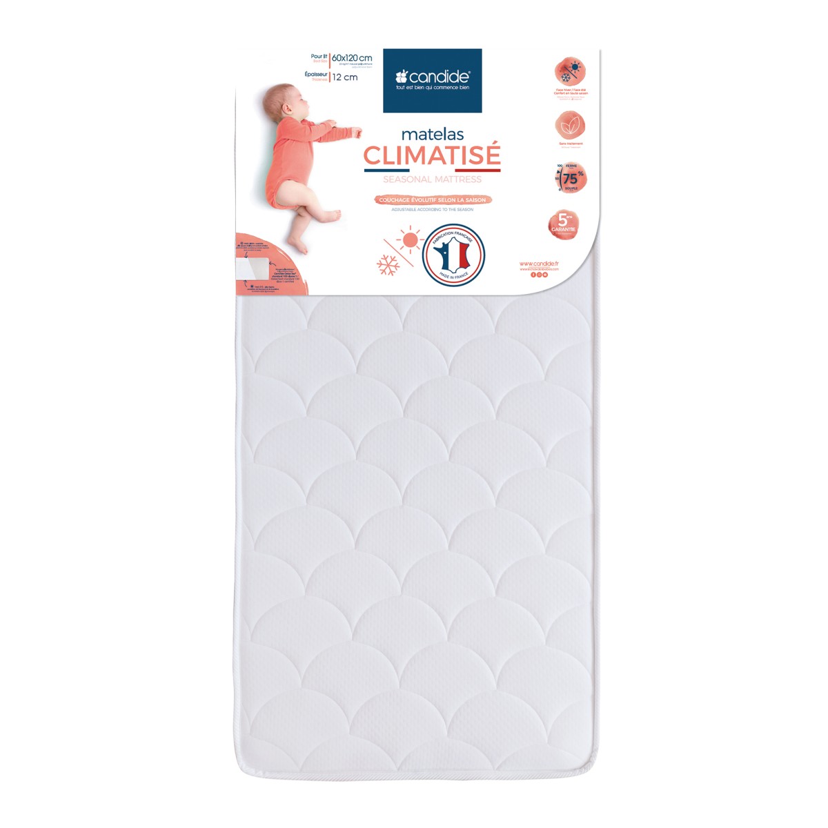 Matelas Bébé Climatisé CANDIDE 60x120x11cm - Évolutif Face Été/Hiver - Fabriqué En France